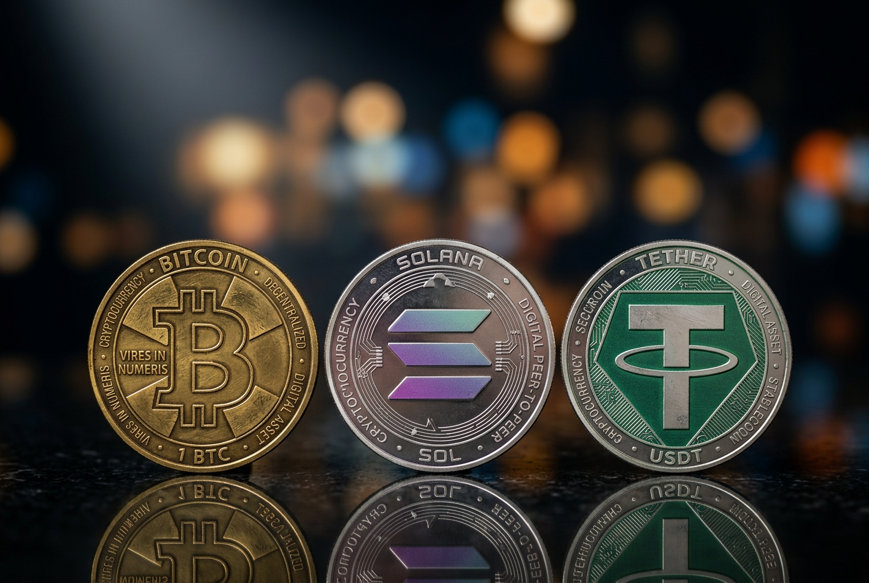 Zestawienie fizycznych monet kryptowalutowych Bitcoin Solana i Tether na ciemnym tle