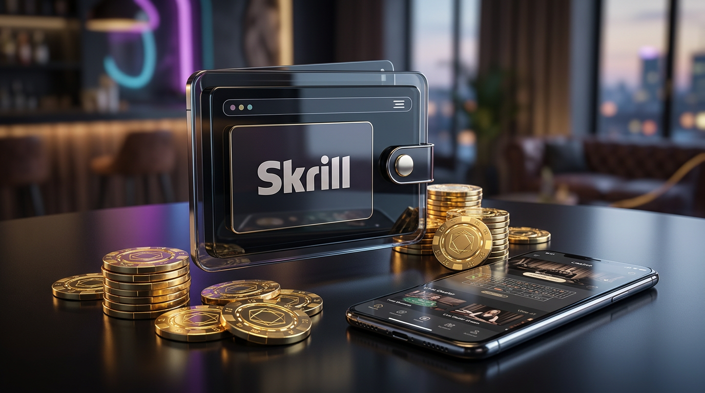 Cyfrowy portfel Skrill z żetonami kasynowymi i smartfonem