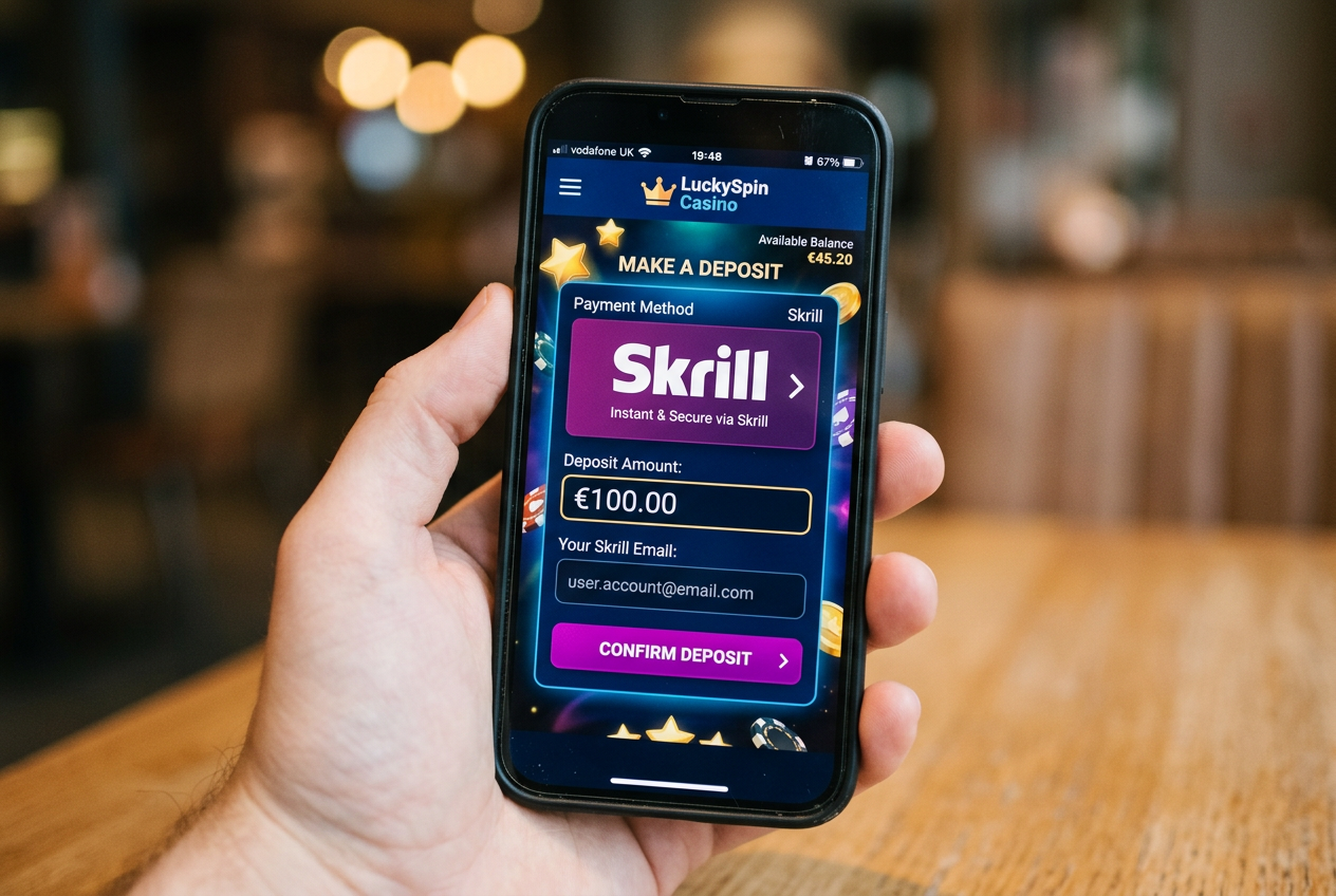 Nowoczesny interfejs kasyna online na smartfonie z logo skrill