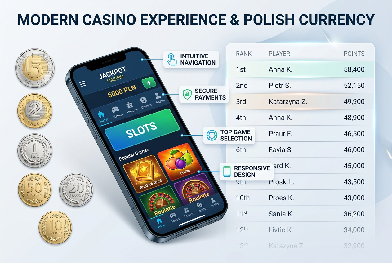 Profesjonalna infografika prezentująca ranking kasyn z niskim depozytem w Polsce z monetami PLN i smartfonem