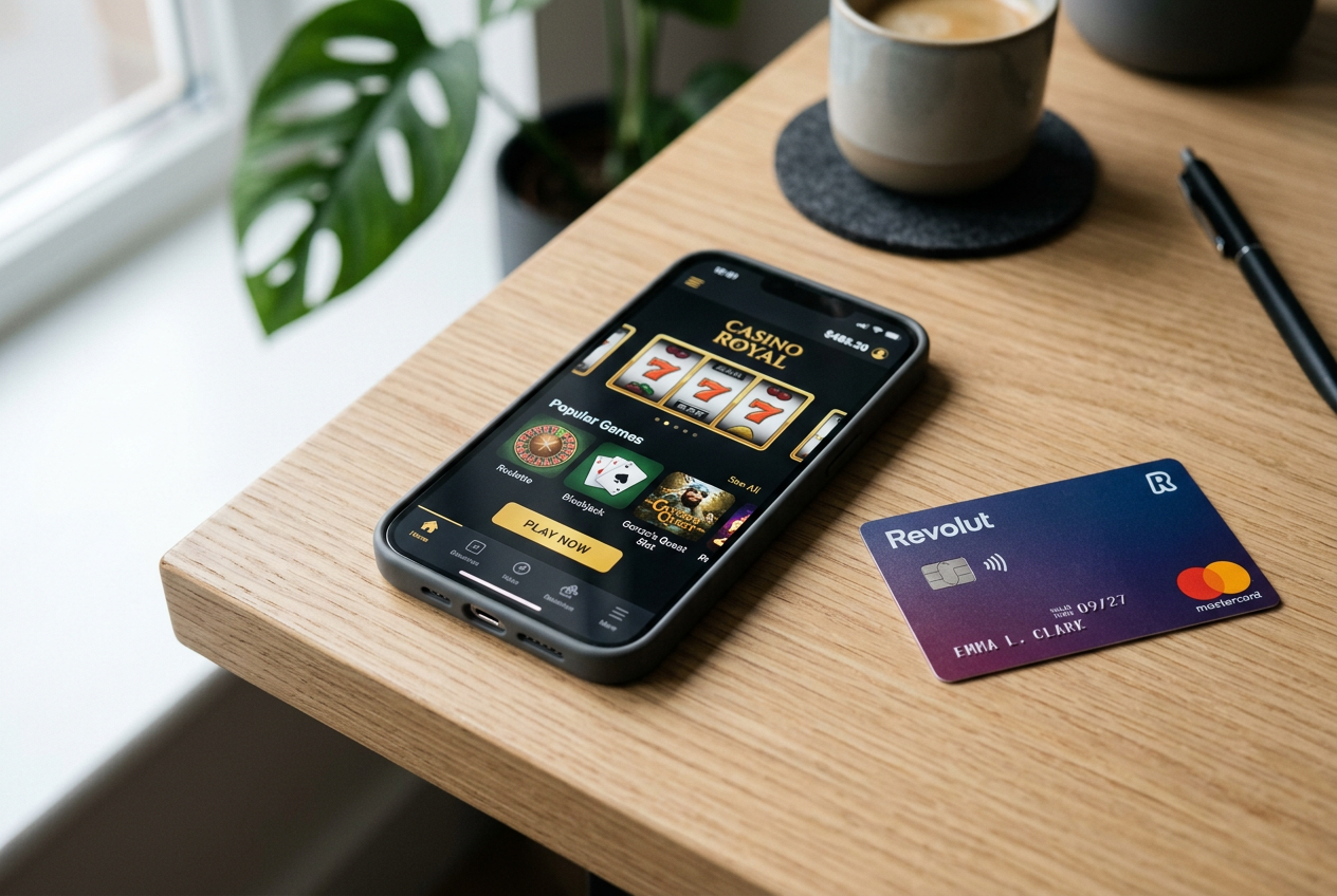 Interfejs aplikacji kasyna na smartfonie z kartą Revolut w tle